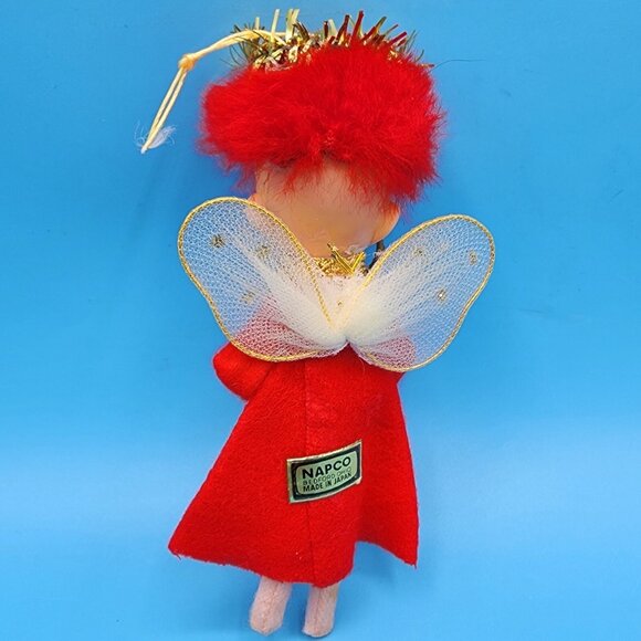 Vintage 1950s Napco Red Hair Pixie Angel Ornament Felt Elf Japan Tinsel Halo Sax - Picture 5 of 9